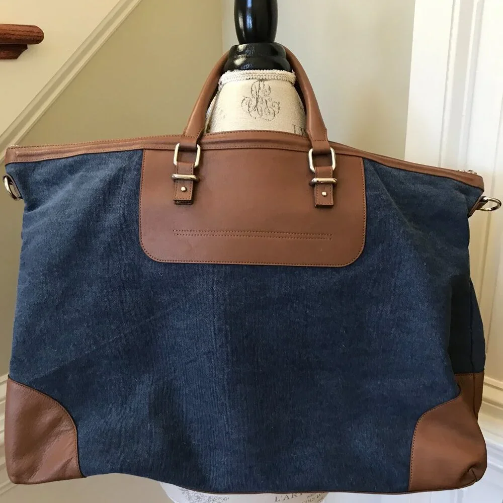 Eleventy Canvas Leather Travel Tote Bag Mens Navy Blue Brown Commuter Top Zipper